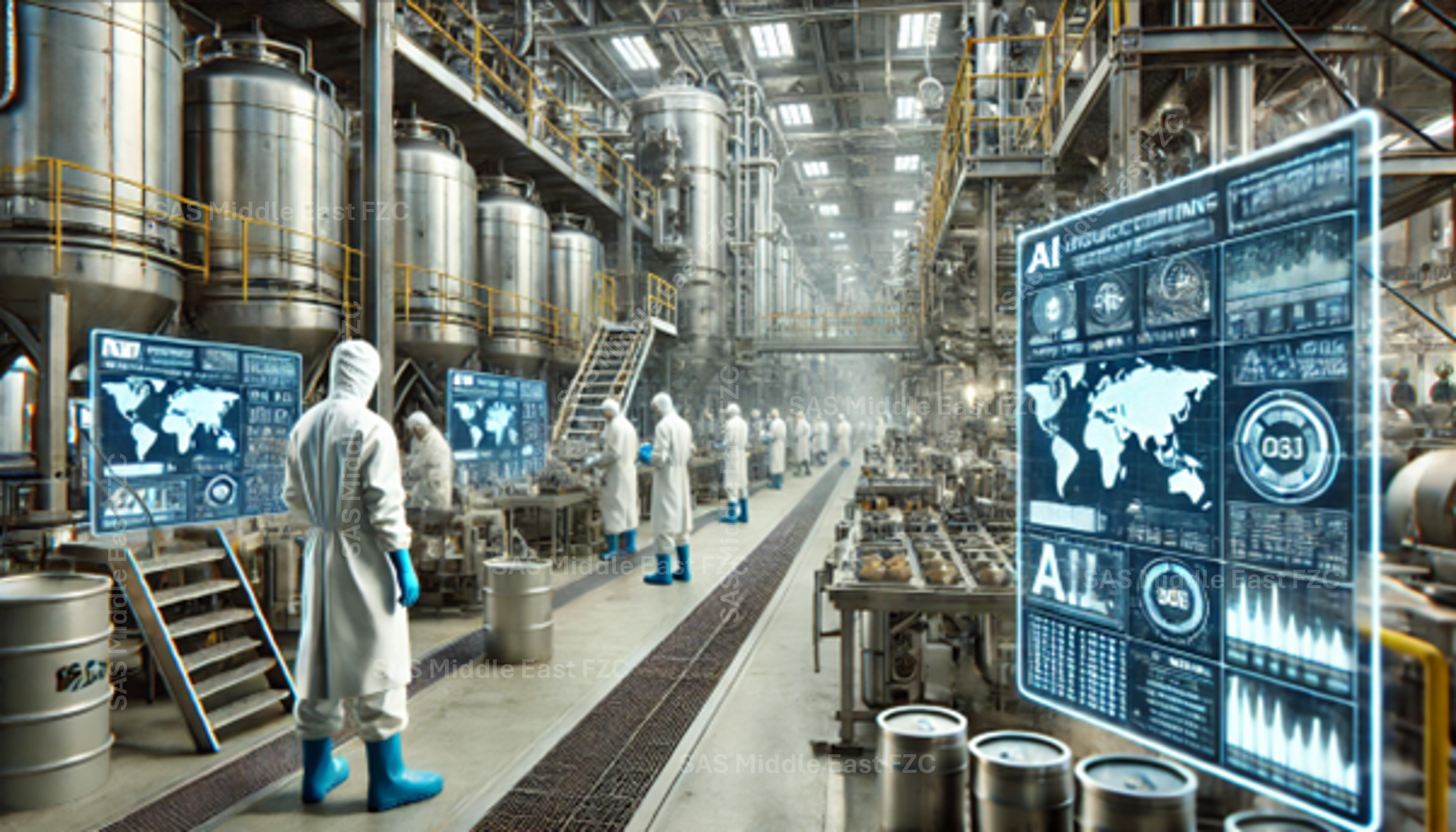 Large food-processing plant with digital AI dashboards for centralized operations control