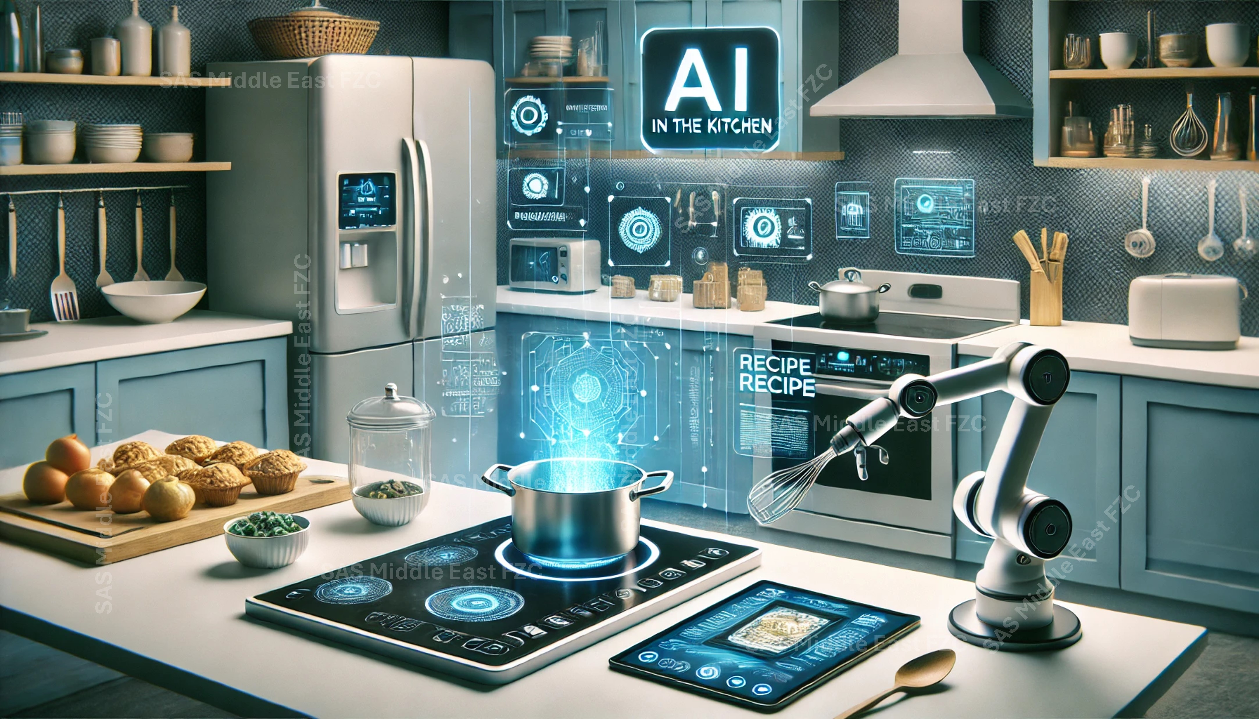 Residential smart kitchen hero visual with AI concept overlay