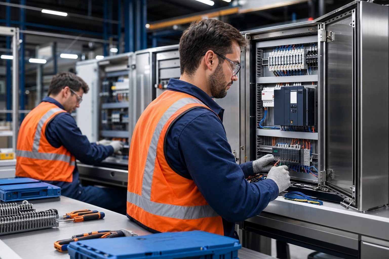 SAS engineers assembling industrial control panels and PLC systems in Sharjah workshop