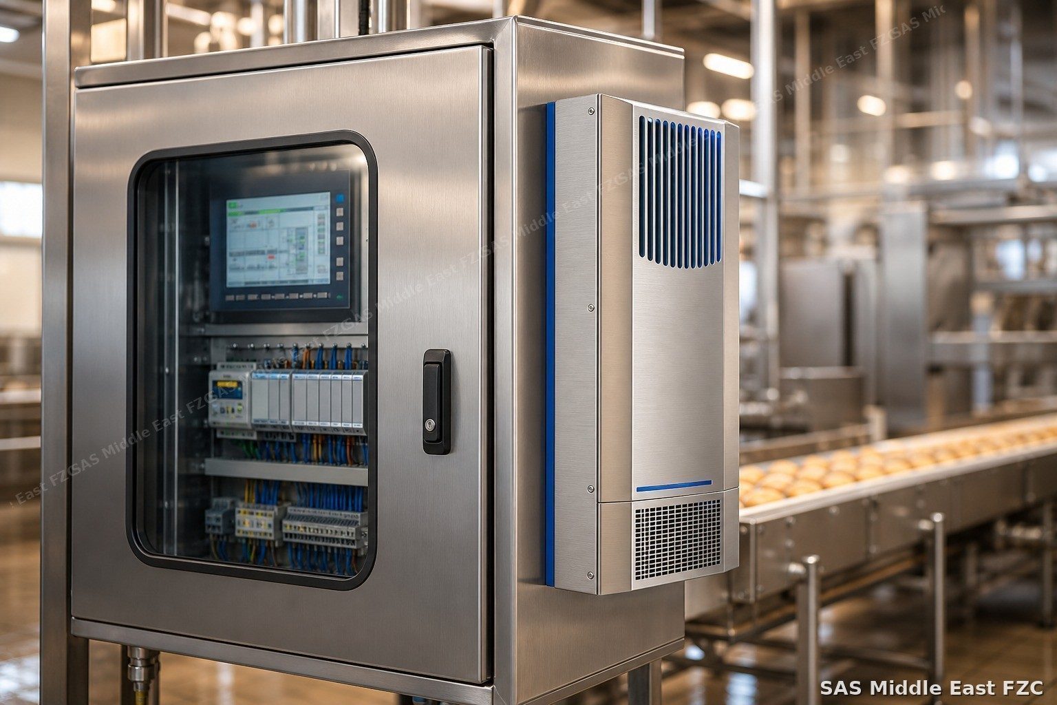 Stainless steel SAS ClimaLink panel air conditioner on a control cabinet in a hygienic food processing plant