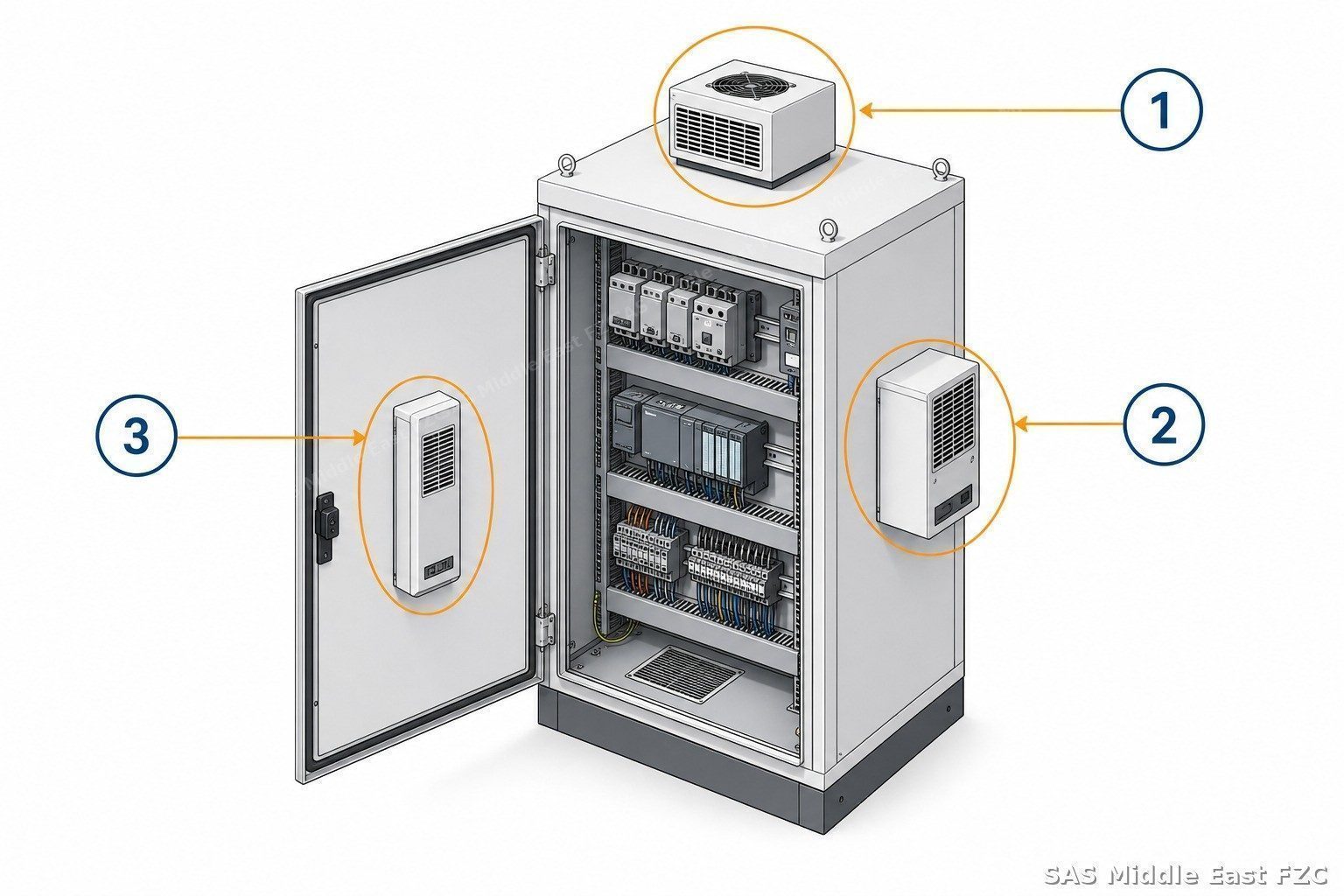 SAS ClimaLink panel air conditioner mounting options — top, side and door mount on electrical control cabinets