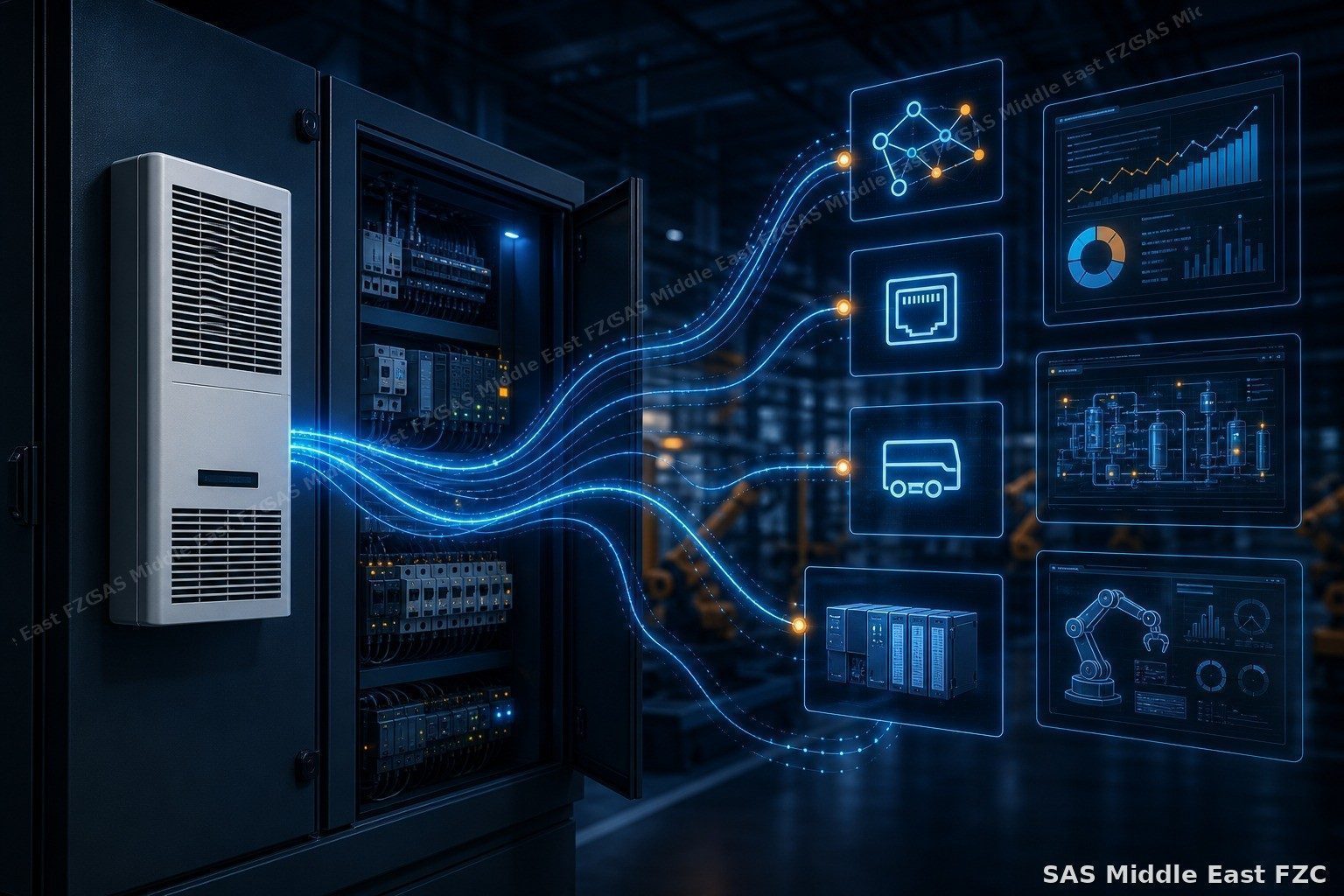SAS ClimaLink smart panel air conditioner connected to PLC, SCADA and industrial fieldbus networks