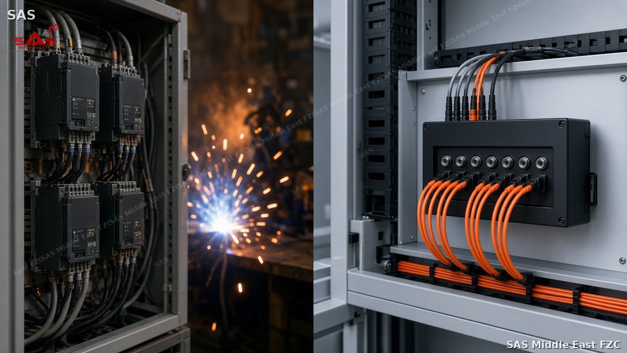 Noisy VFD environment versus clean fiber-fed CNC cabinet with encoder master unit