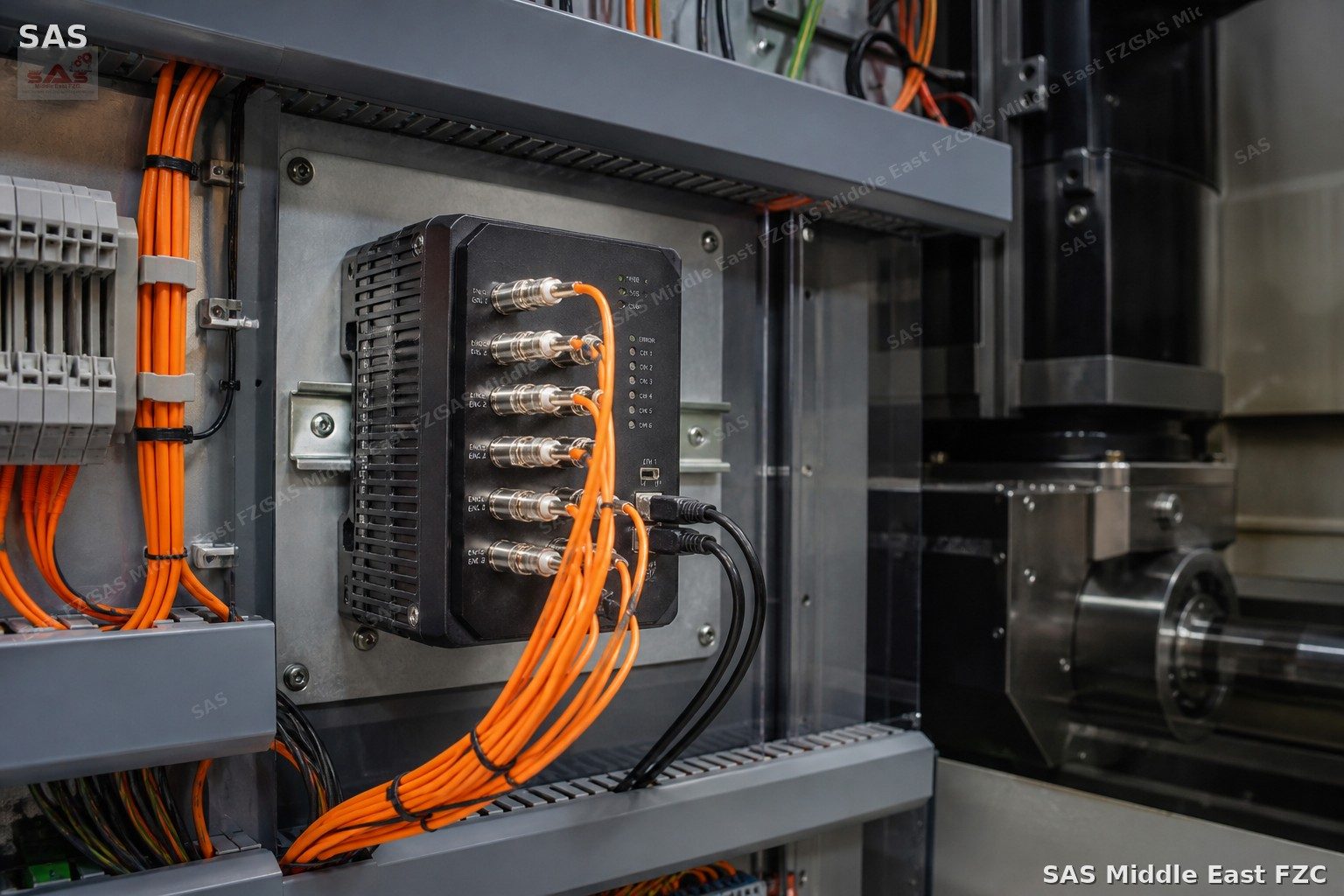 Fiber encoder hub in CNC cabinet — multi-axis encoder configurator