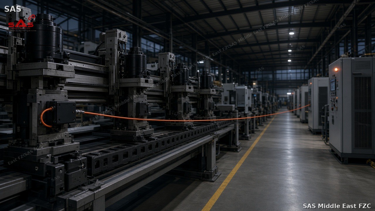 Machine-side multi-axis encoder hub with fiber run toward a distant CNC cabinet
