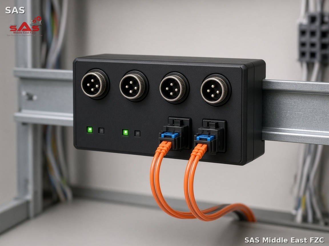 DIN-rail fiber encoder hub with encoder connectors and duplex fiber ports