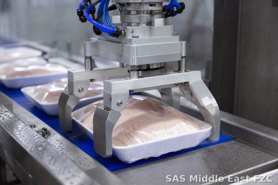 Washdown-oriented robot gripper EOAT on food processing line — representative food application