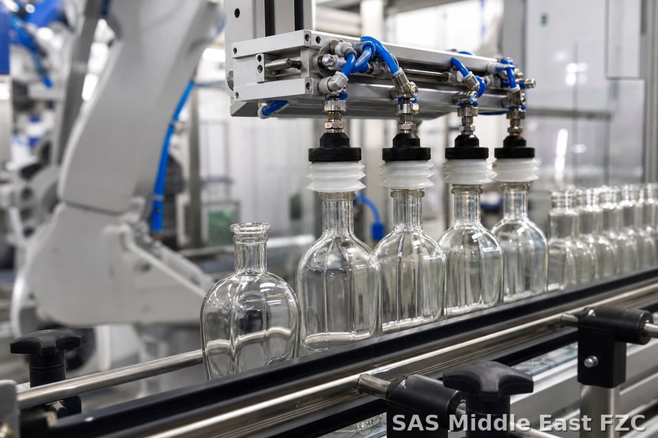 Vacuum cup EOAT handling glass bottles — representative glass handling application