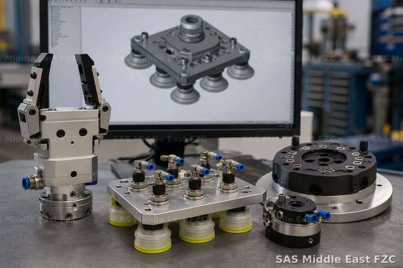 Custom robot end-of-arm tooling patterns — parallel jaw gripper, vacuum EOAT and quick-change plate in SAS workshop
