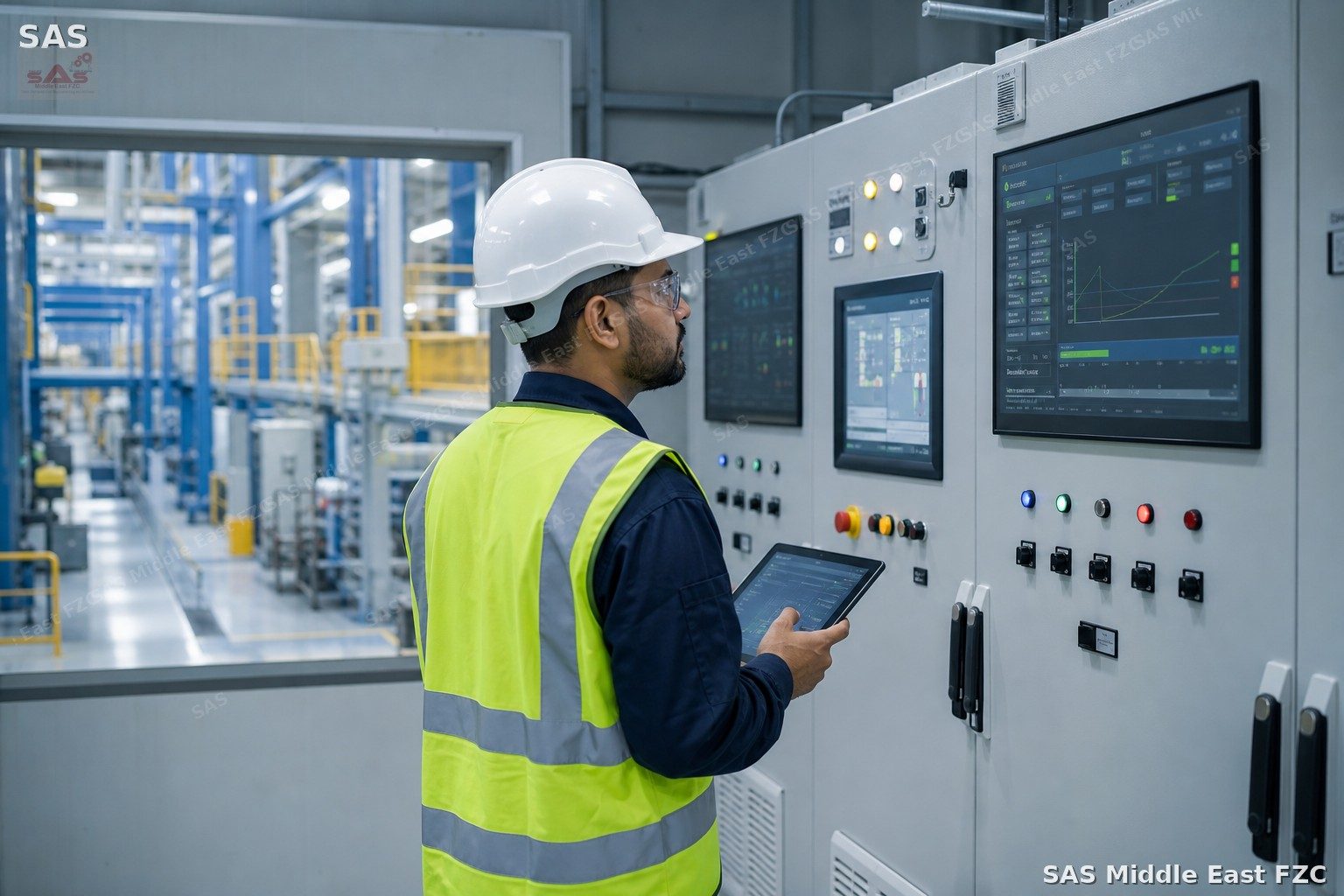 Industrial automation control room with PLC cabinets and SCADA HMIs — SAS Middle East FZC