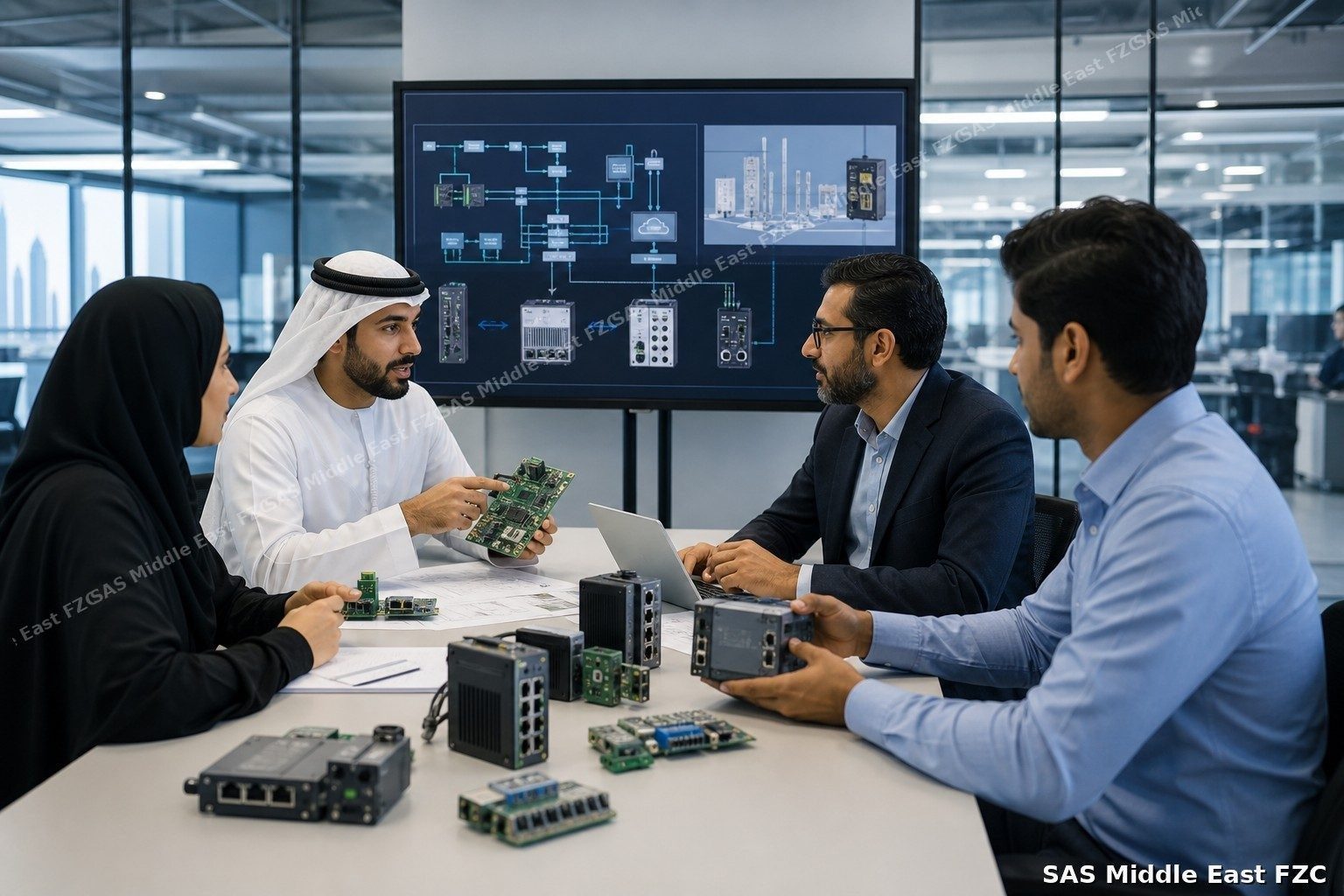 OEM co-engineering workshop — protocol, PCB and connectivity product development at SAS Middle East FZC