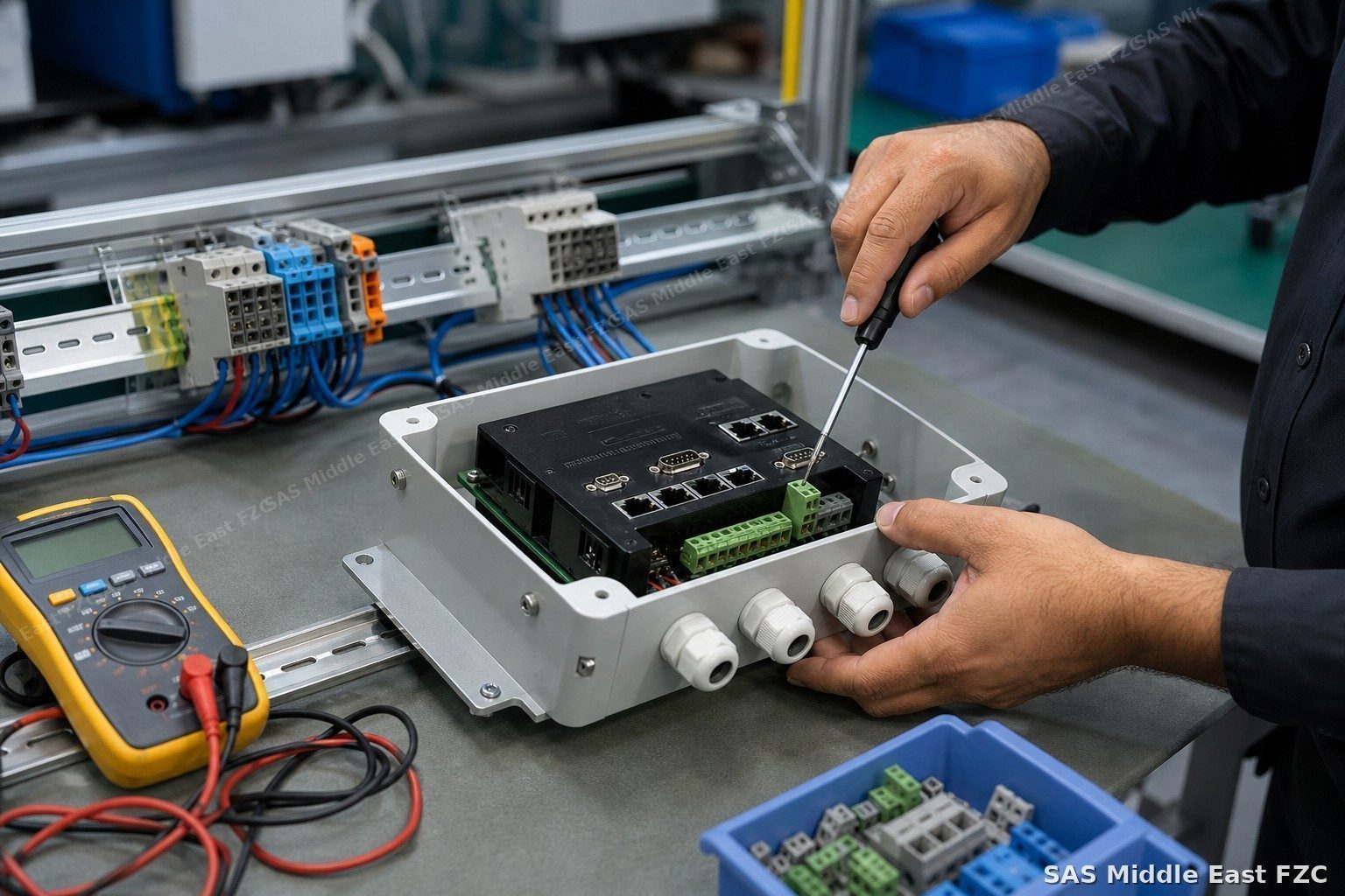 Custom OEM industrial enclosure assembly with connectivity module on engineering workbench