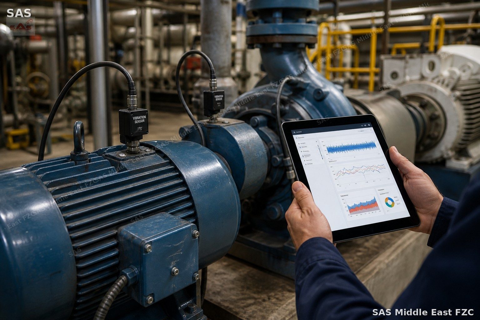 Predictive maintenance sensors on industrial rotating equipment with health monitoring