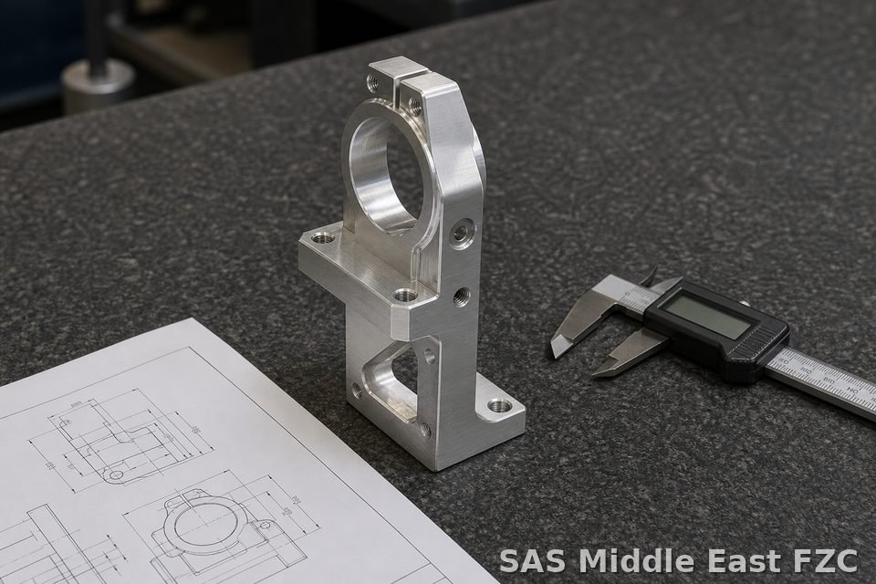 CNC-machined encoder mounting bracket prototype on inspection table — representative automation R&D