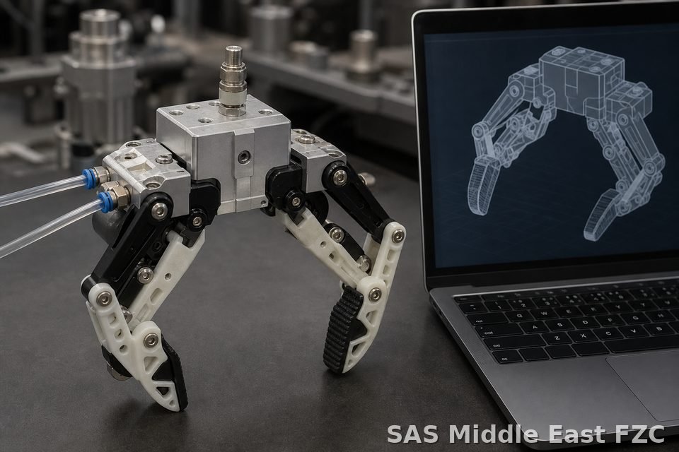Pneumatic robot gripper prototype with CAD model on laptop — representative robotics tooling R&D
