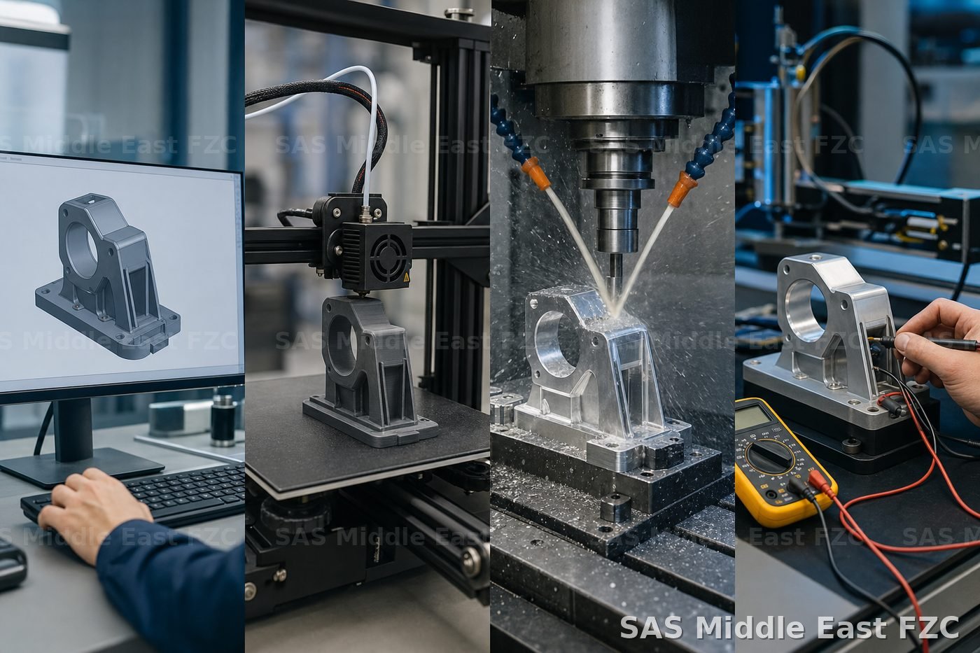 SAS R&D pipeline: CAD design, 3D printing, CNC machining and bench validation in the UAE workshop