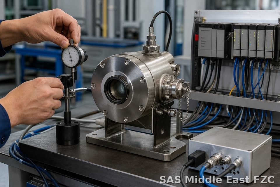 High-temperature sensor housing prototype on bench test rig — representative process technology R&D
