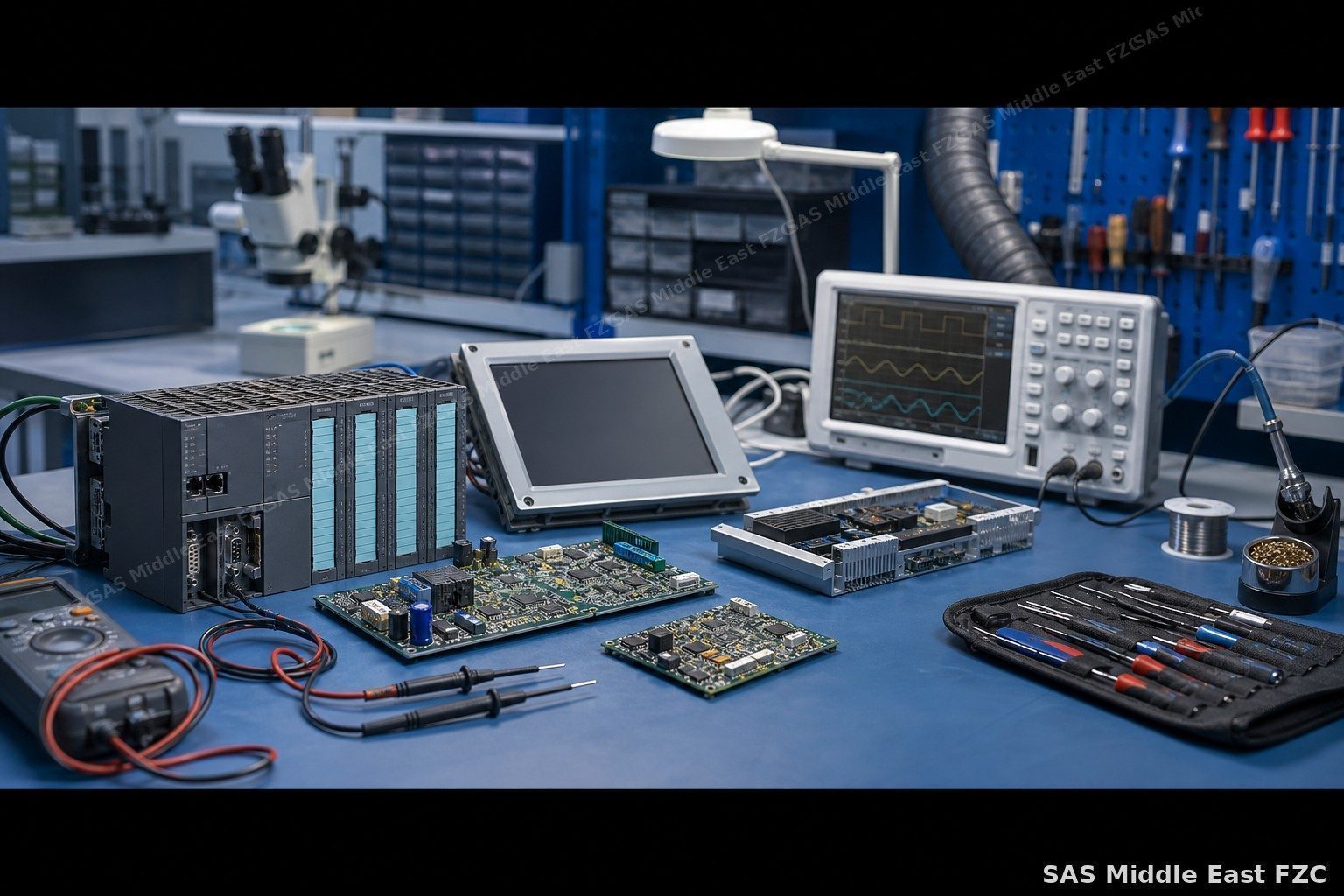 PLC and HMI repair workbench — oscilloscope diagnostics, drive modules and industrial control hardware