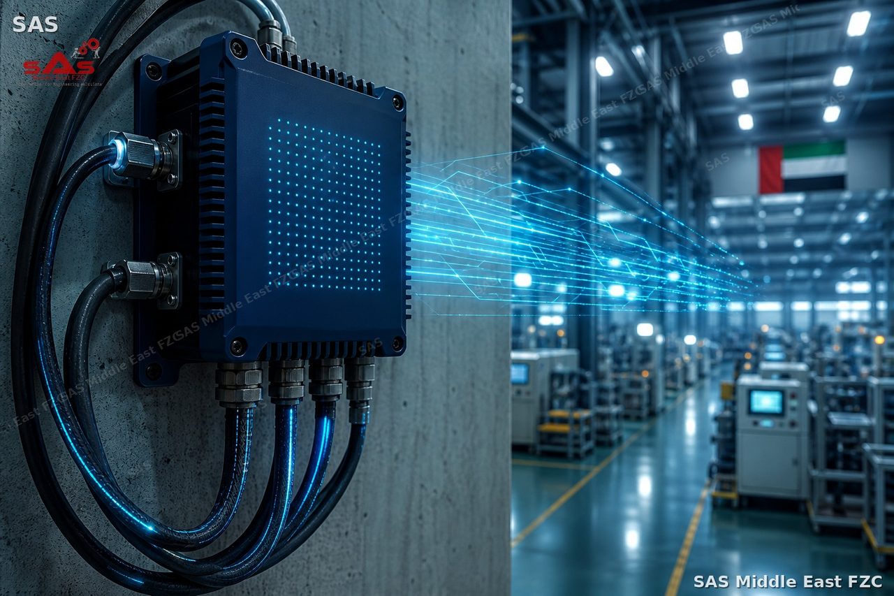 Industrial AI edge gateway on a factory wall — AI Interface configurator
